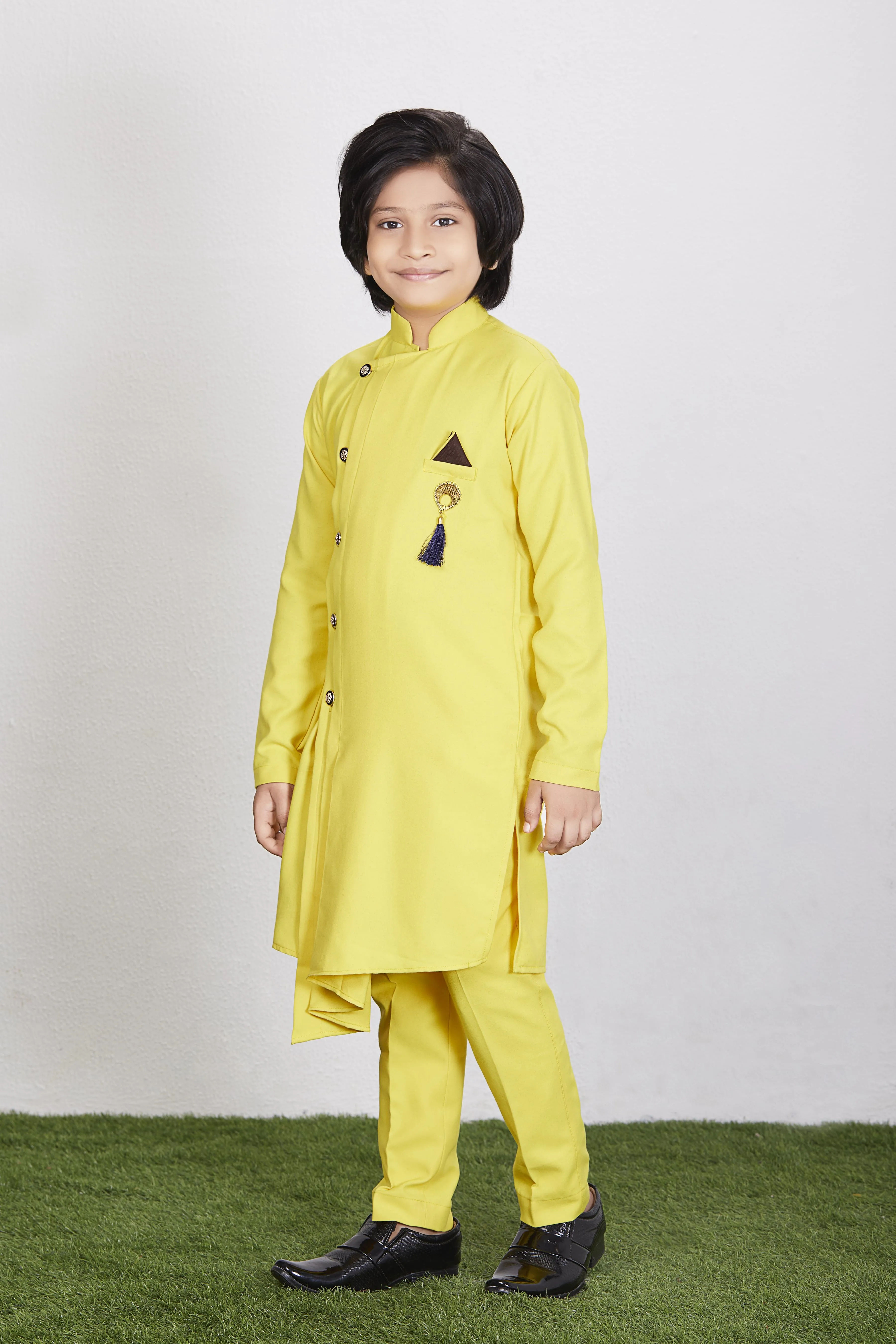 Boy's Yellow Cotton Blend  Kurta Trouser Set Kids